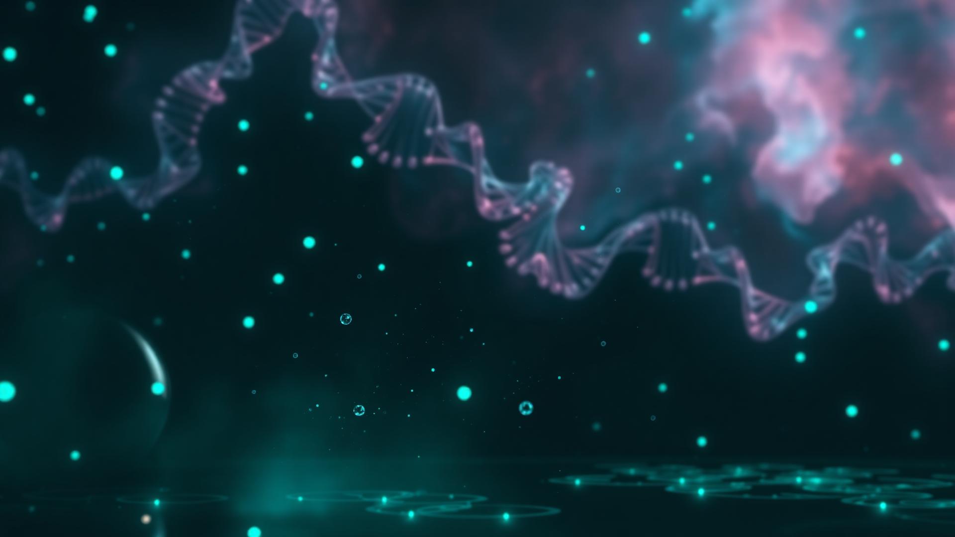 Glowing DNA helices, atoms, and a nebula in a dark scientific scene